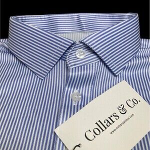 Collars & Co Polo Shirt Mens Medium Regent Stripe Coastal Preppy Stretch NWT